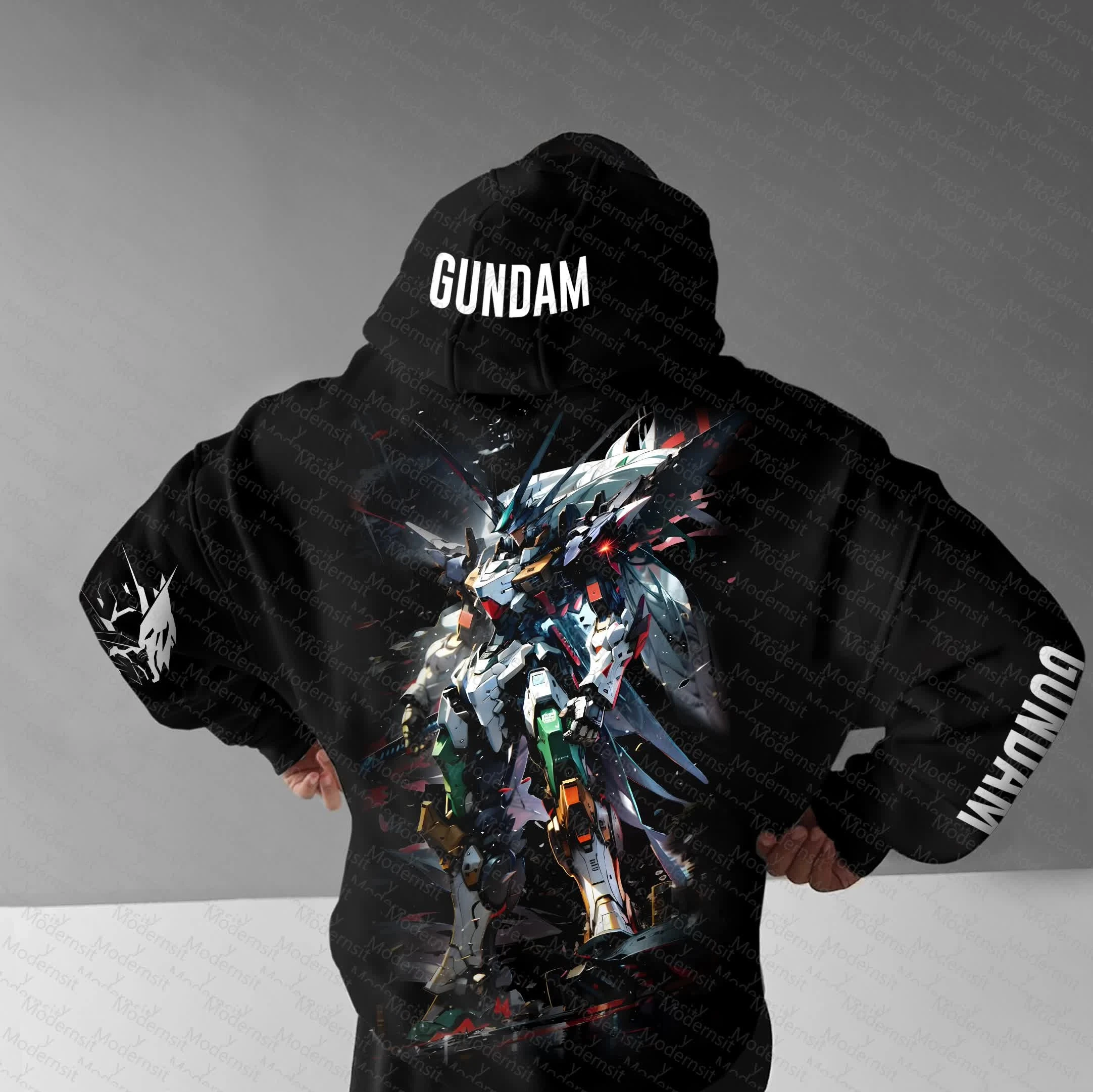 Men Women GUNDAM Anime Hoodie Black Mecha Graphic Streetwear Casual Loose Fit Autumn Winter Running Fitness Unisex