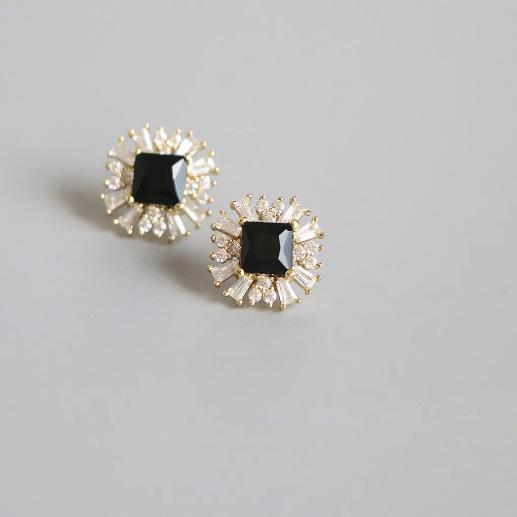 925 Sterling Silver Plated 14K Gold Black Zircon Earrings for Women French Vintage Temperament Versatile Jewelry