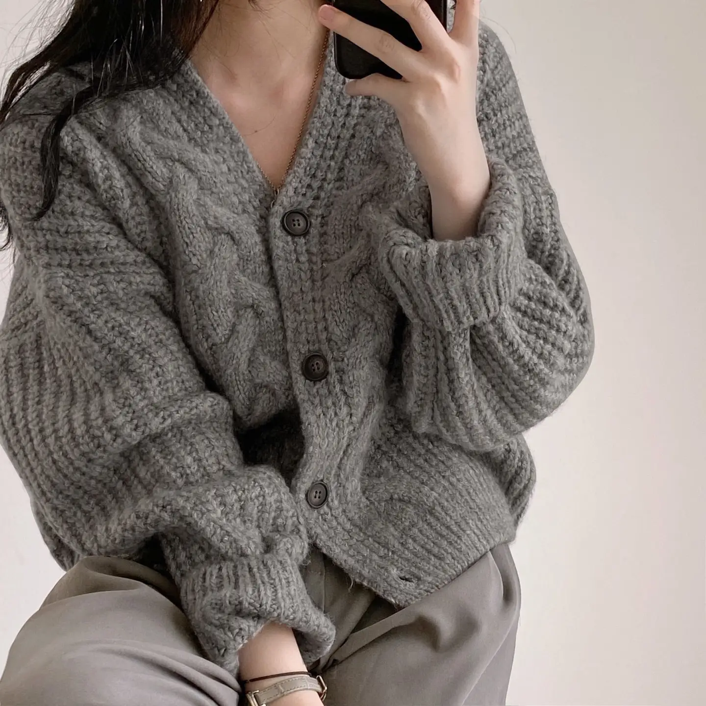 Autumn and Winter Single-breasted V-Neck Knitted Cardigan Women Solid Long Sleeve Twist Casual Tops Lady Sweater Coat