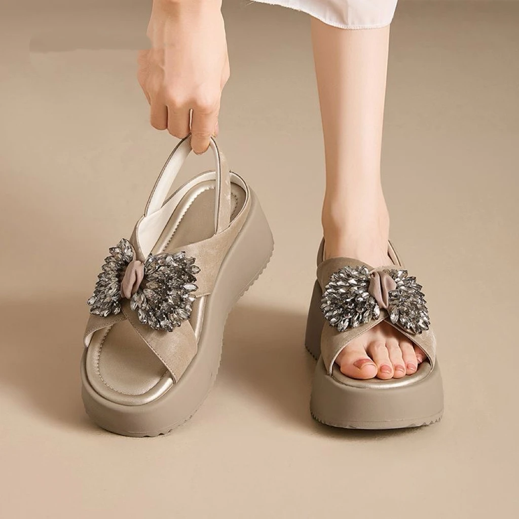 

Women's Summer Rhinestone Bow Platform Sandals Slingback Thick Sole Wedge Heel Casual Beach Shoes