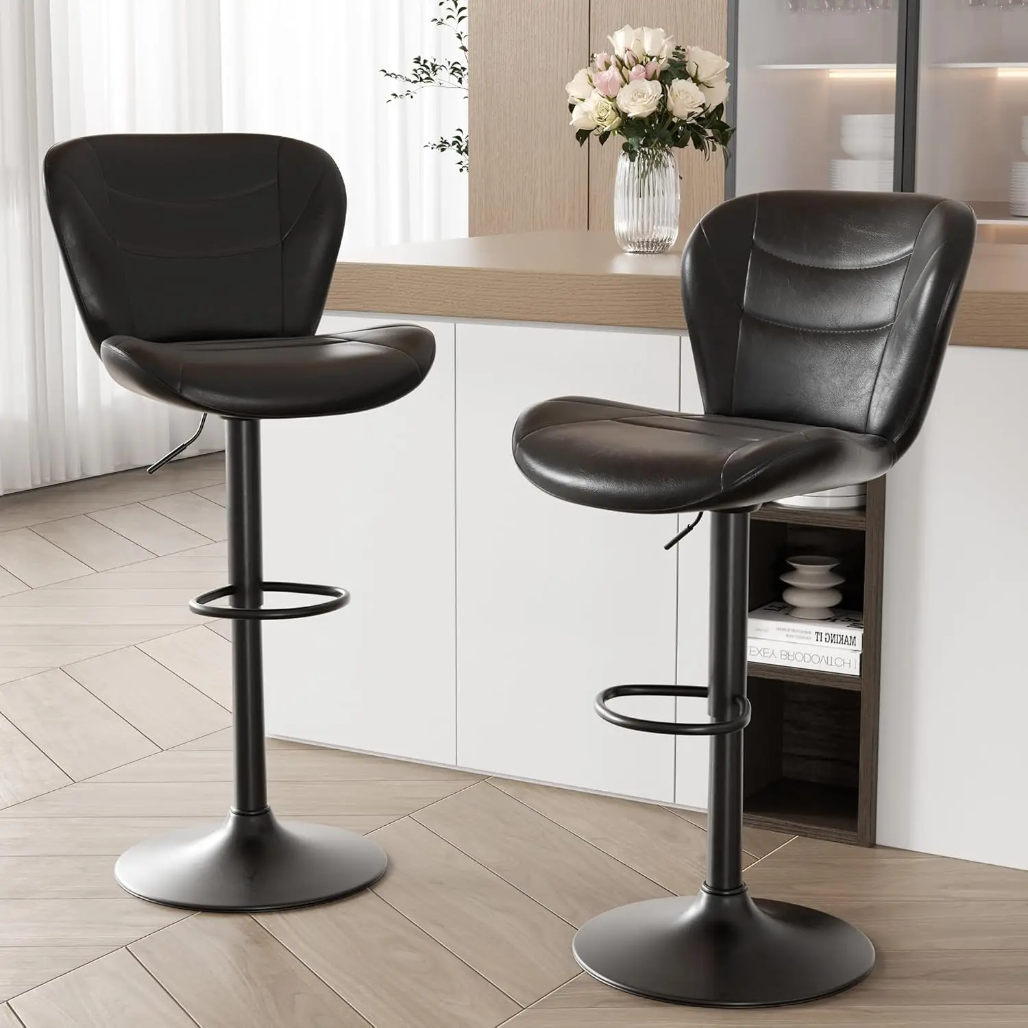 

Bar Stools Set Of 2, Adjustable Swivel Barstools With Back, Modern Faux Leather Bar Chairs, Upholstered Counter Height Barstool