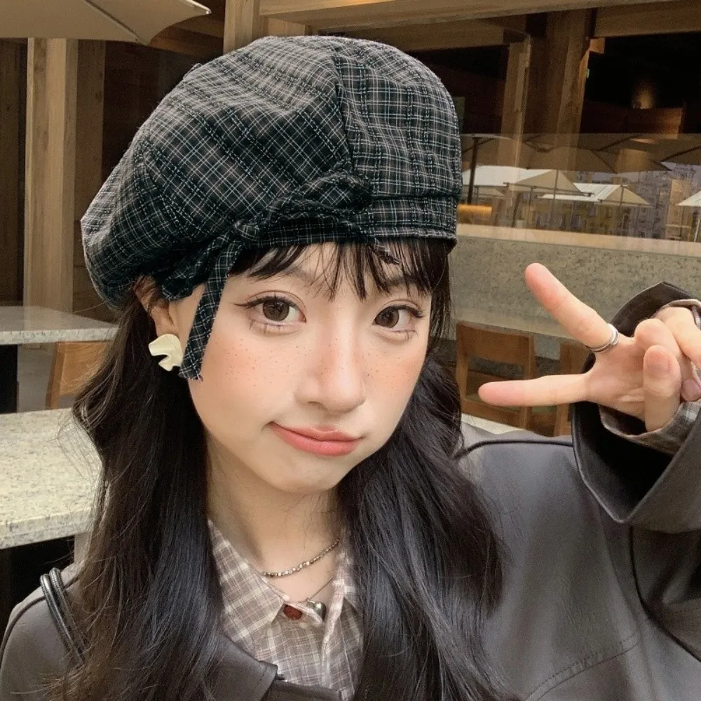 Artistic Bow Plaid Beret Hat Korean Style Lattice Women Painter Hat Cloud Hat Keep Warm Women Octagonal Cap All-match