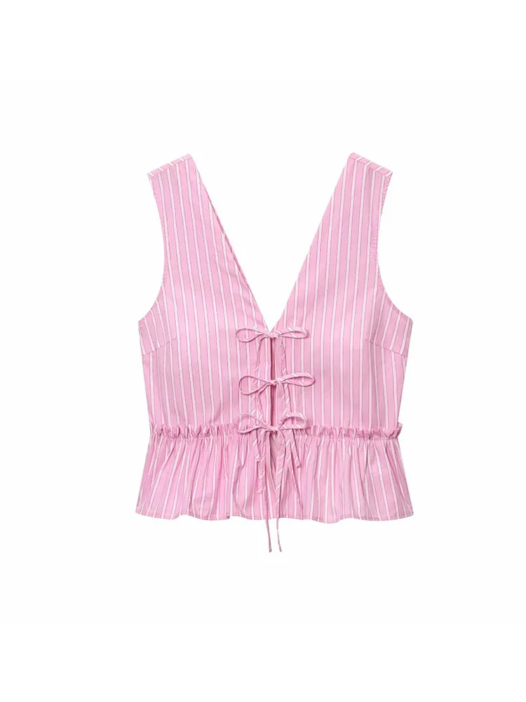 2025 نساء موضة 2 قطعة مجموعة مخطط القوس الدانتيل يصل الخامس الرقبة سترة و Vintage عالية مرونة الخصر السراويل الإناث شيك مجموعة تي شيرتات قصيرة للأطفال #2