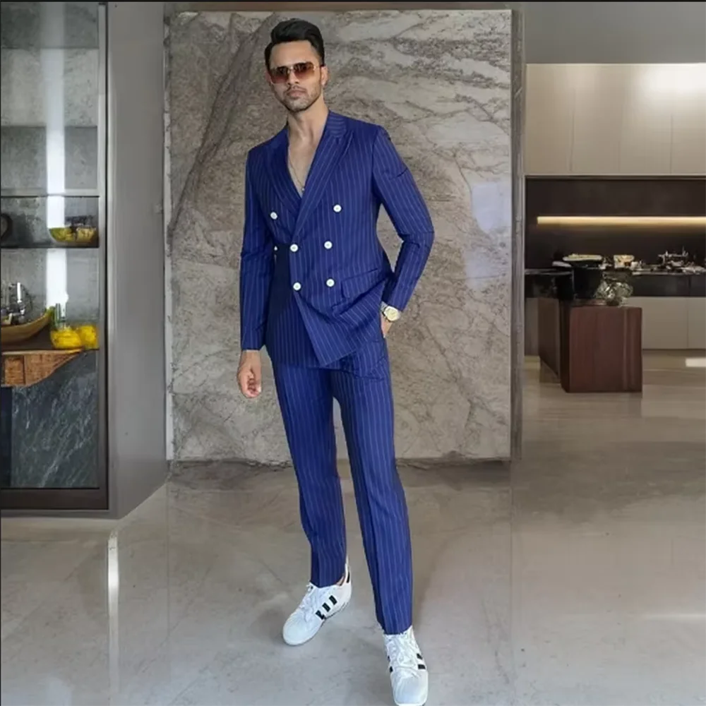 

Luxury Men's Suits Double Breasted Peaked Lapel Stripe Casual Blazer 2 Pieces Jacket Pants Formal Wedding Office Clothing