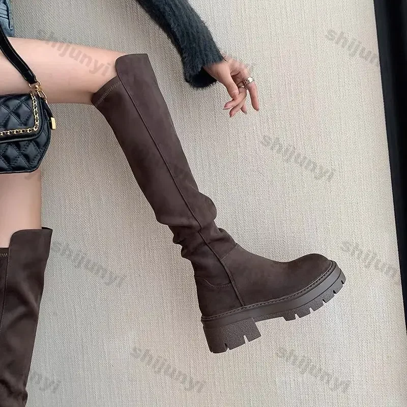 Fashion Platform Knee High Boots for Women Autumn Winter Fashion Slip on Leather Boots Woman Elastic Thick Soled Over Knee Botas