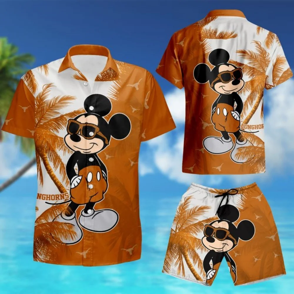 2025 New Disney Hawaii 3d printed shirt New men's and women's fashion Mickey button short sleeve short suit Disney beach childre