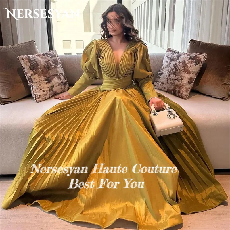 Nersesyan Vintage Green Chiffon Special Occasion Dresses Puff Long Sleeves V Neck Prom Gown A Line Draped Vestidos De Fiesta