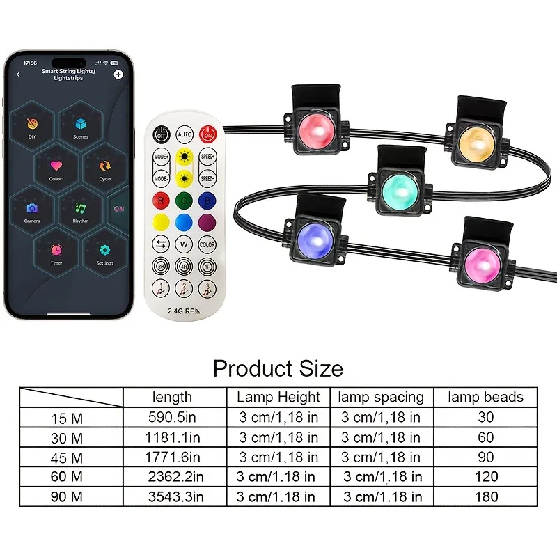 ضوء الفناء الخارجي، ضوء خارجي دائم RGB IC متعدد الألوان، ضوء سياج ذكي IP67 مع التحكم عن بعد في التطبيقات، ضوء عيد الميلاد #4
