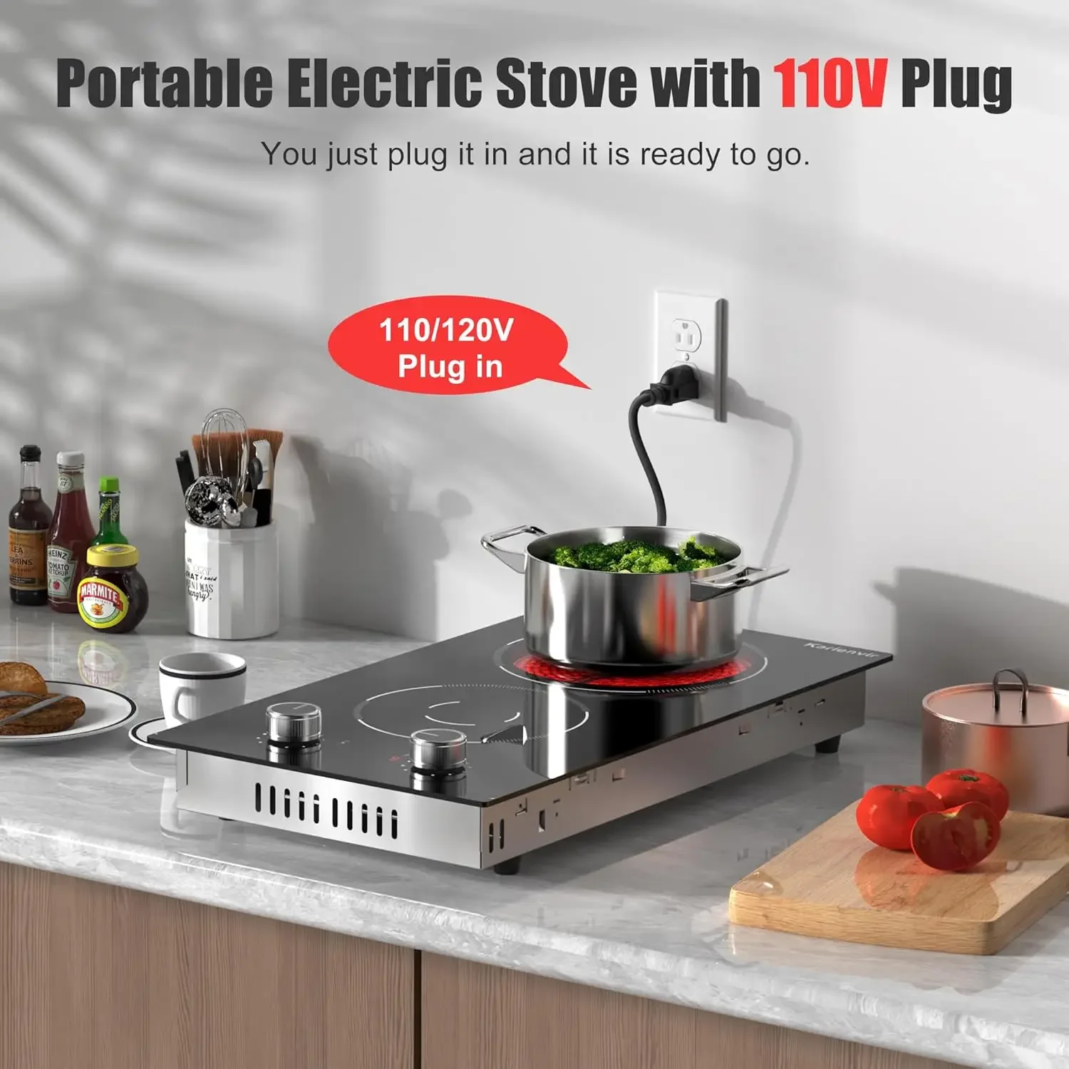 Electric Cooktop 2 Burners, Knob Control, Plug in Electric Stove 110v, 2000w, 9 Power Levels, Countertop & Built-in Ceramic Cook