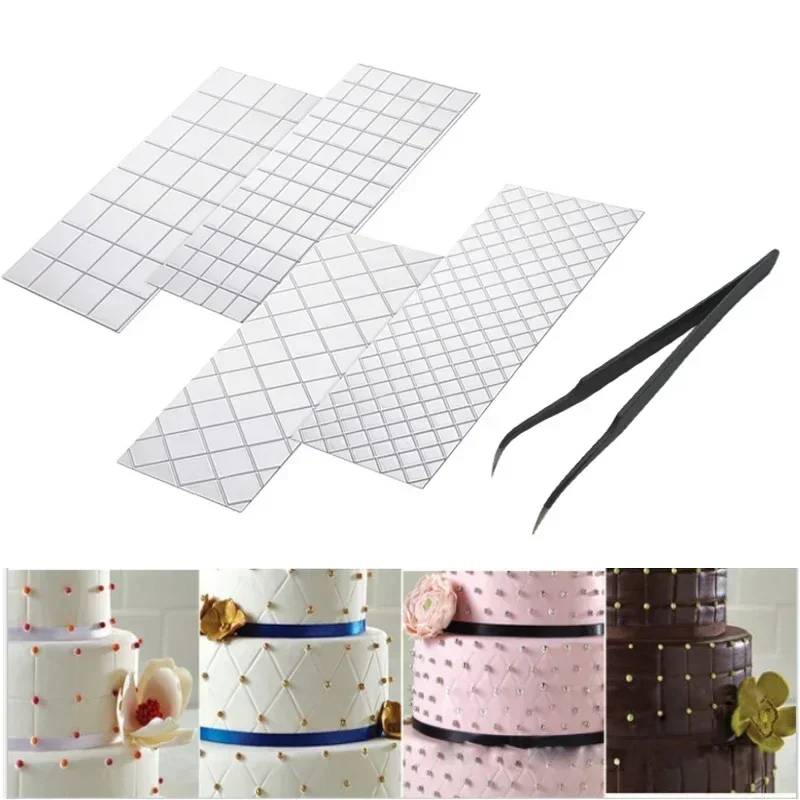 1PC Cake Decoration Tweezer + 4Pcs/Set DIY Plastic Transparent Texture Lattic Mat Fondant Gumpaste Stencil Mold Baking Tool