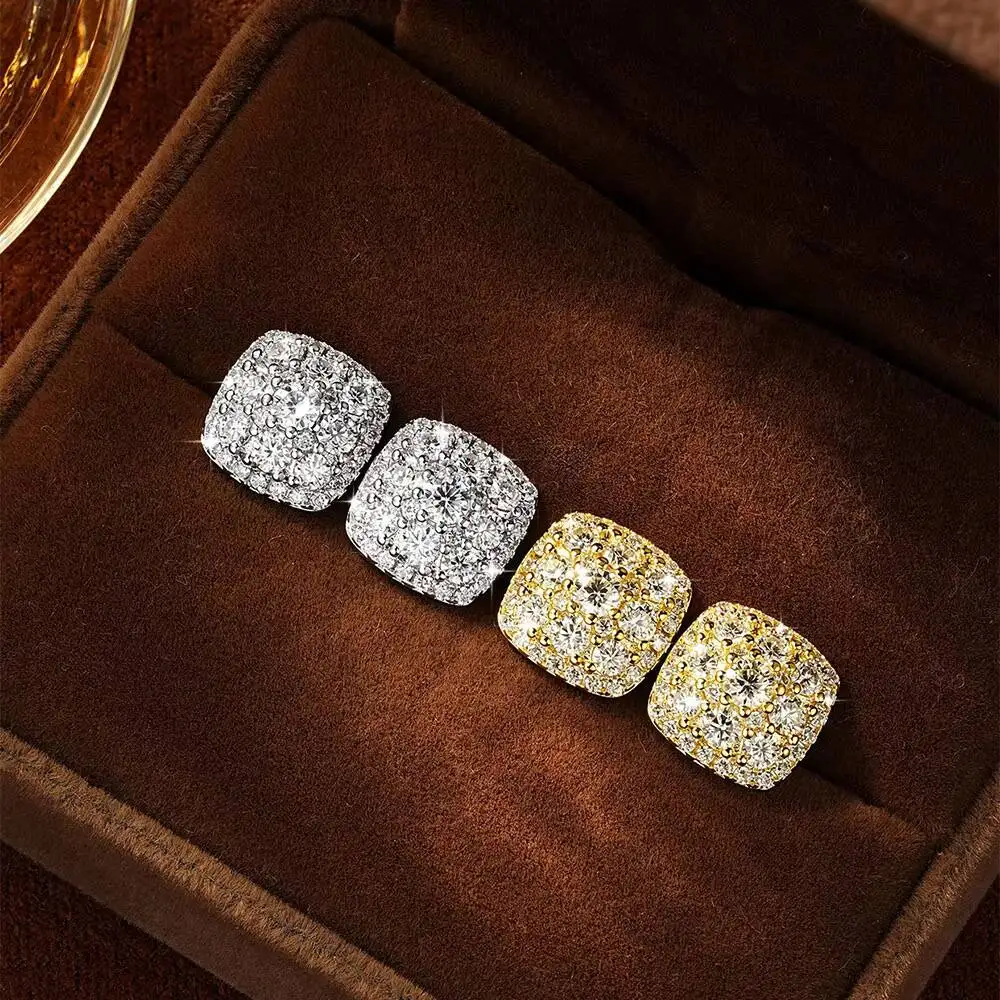 New Moissanite Earrings Shiny Anniversary Gift Unisex Micro Pave Setting Round Cut Moissanite Tiny Square-Shaped Stud Earrings