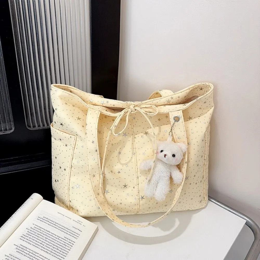 

New Canvas Material Tote Bag Large Capacity Star Rhinestone Shoulder Handbag Korean Style Underarm Bag Commute