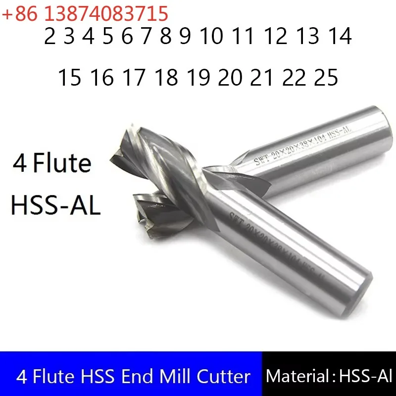 Four 4 Flute HSS End Mill Cutter CNC Bit Milling Cutter 2 3 4 5 6 7 8 9 10 11 12 13 14 15 16 17 18 19 20 21 22 25