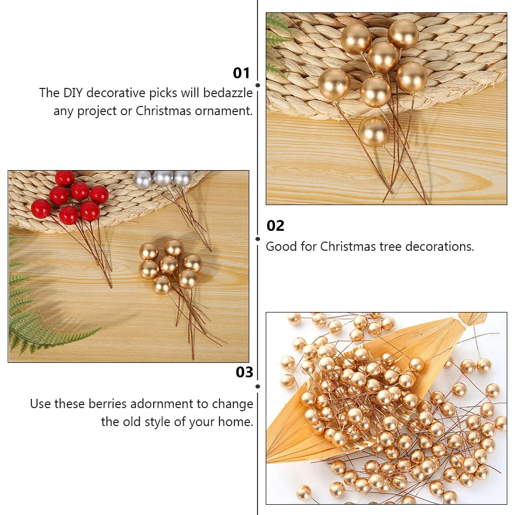 200 Pcs Gold and Silver Foamy Berries Christmas Tree Decorations Artificial Holly Flower Pick Simulation Berry Branch