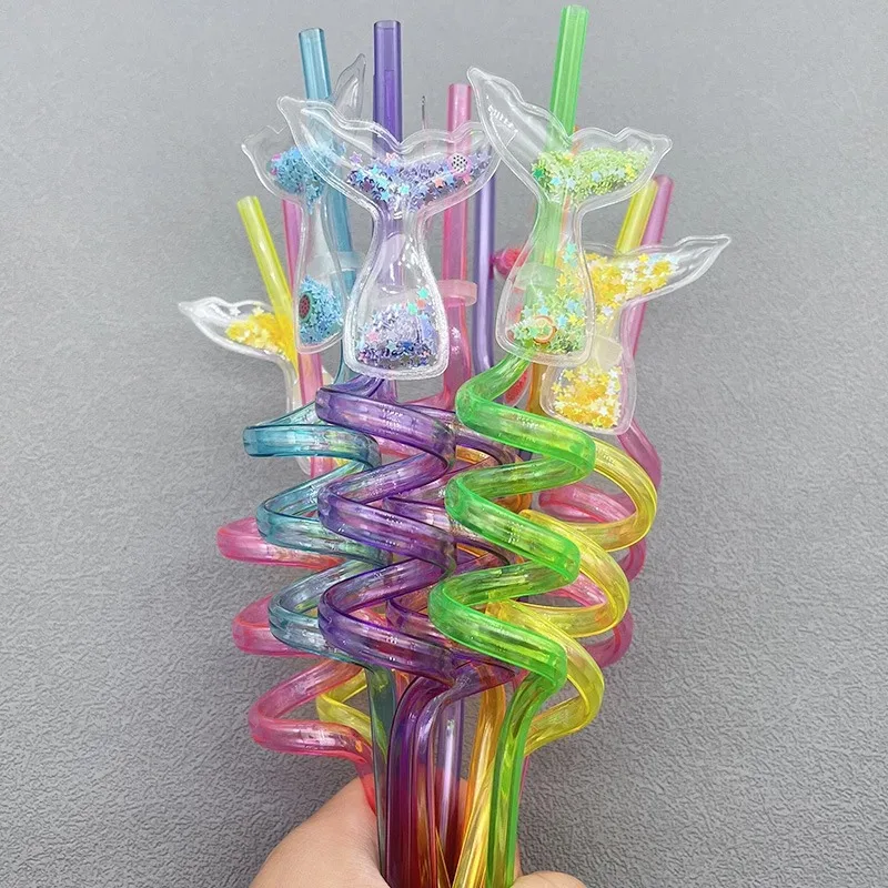 6Pcs Mermaid Tail Flowing Sand Spiral Straw Hawaiian Beach Cocktail Decoration Supplies Summer Party Reusable Straws Decoration