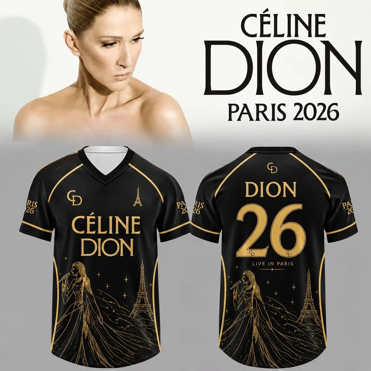 New Celine Dion Paris 2026 Tour Soccer Jersey Gold Eiffel Tower Print Unisex V‑Neck Short Sleeve Tee Fan Shirt for Concert Party