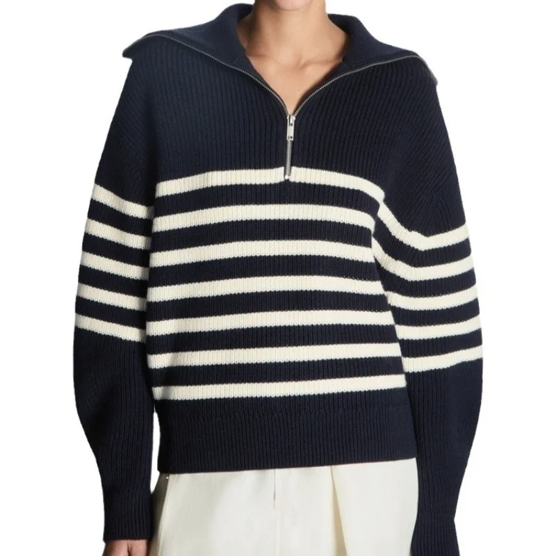 Women Striped Sweater 2025 Autumn Winter New Women's Sweater Half Zip Striped Long Sleeve Lapel Pullover Color Block Knit Top 2