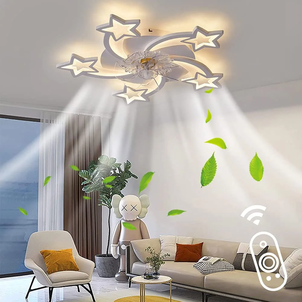 Five-Pointed Star Ceiling Fan Light White with Remote Control Flush Mount Ceiling Fan LED 3-Color Dimming for Bedroom Livingroom