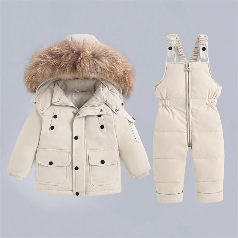 2Pcs Set Children Winter Down Jacket and Jumpsuit Thicken Boy Girls Ski Suit Real Fur Collar Warm Kids Snowsuit Winter Warm Pant