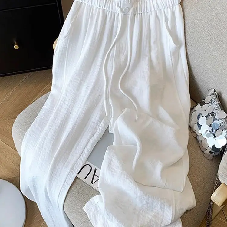 Summer Large Size Men's White Wide Leg Pants Casual Straight Cut Long Trousers Draping High-End Feeling Small Stature