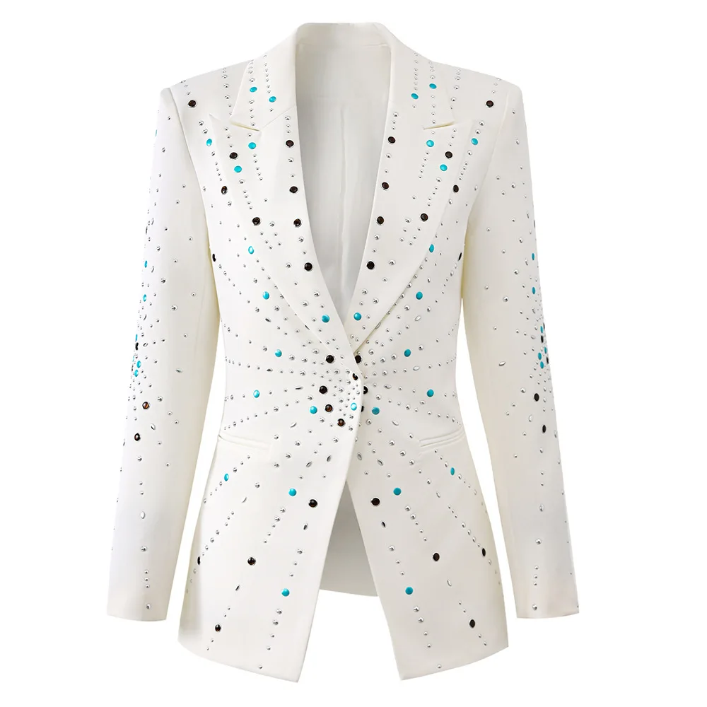 

Heavy industry color hot diamond white slim-fit one button early autumn temperament long sleeve small suit jacket top