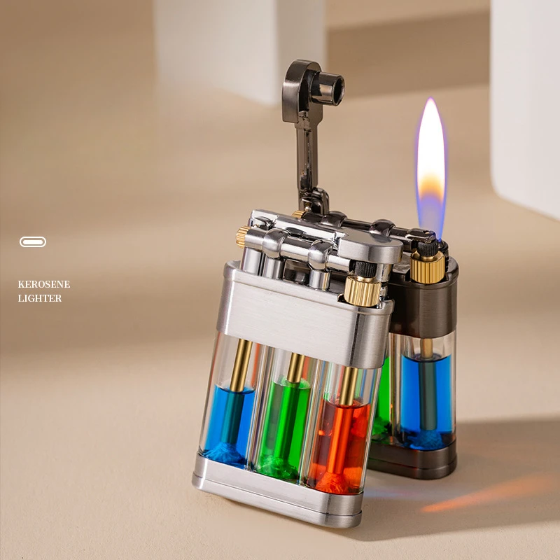 Creative Three-color Transparent Oil Tank Kerosene Lighter Creative Metal Old-fashioned Outdoor Windproof Grinding Wheel Lighter