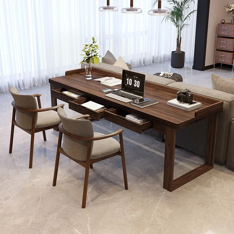 High-grade South American black walnut desk with drawers Solid wood against the wall Study table Modern simple long table Workbe