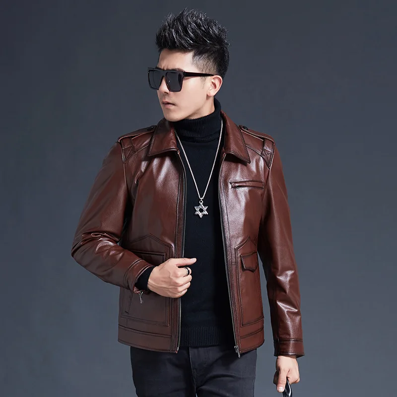 

Men's Short Leather Jacket with Pockets, Youth Cowhide Outerwear, Straight Hem Tops, Male Fashion, Autumn, New Arrival