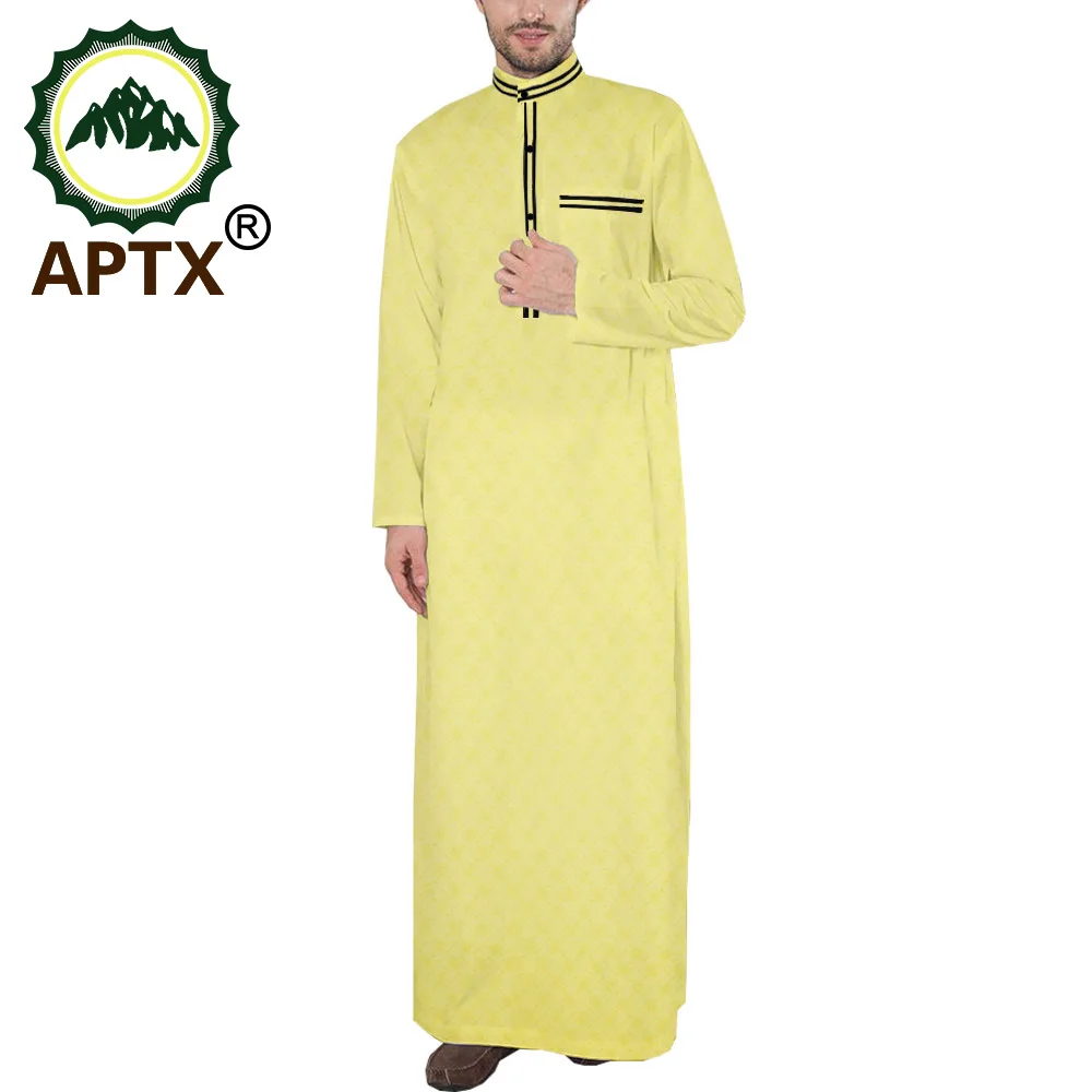 African Outfits for Mens Jubba Thobe Jacquard Muslim Robe Long Sleeve Saudi Arab Man Middle East Islamic Clothing APTX T2014004