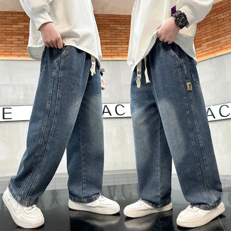 

Cool Boy High Fashion Street Baggy Jeans Kids Retro Blue Wide Leg Denim Pants Loose Style Child Gradient Jeans Trousers Age 5-14