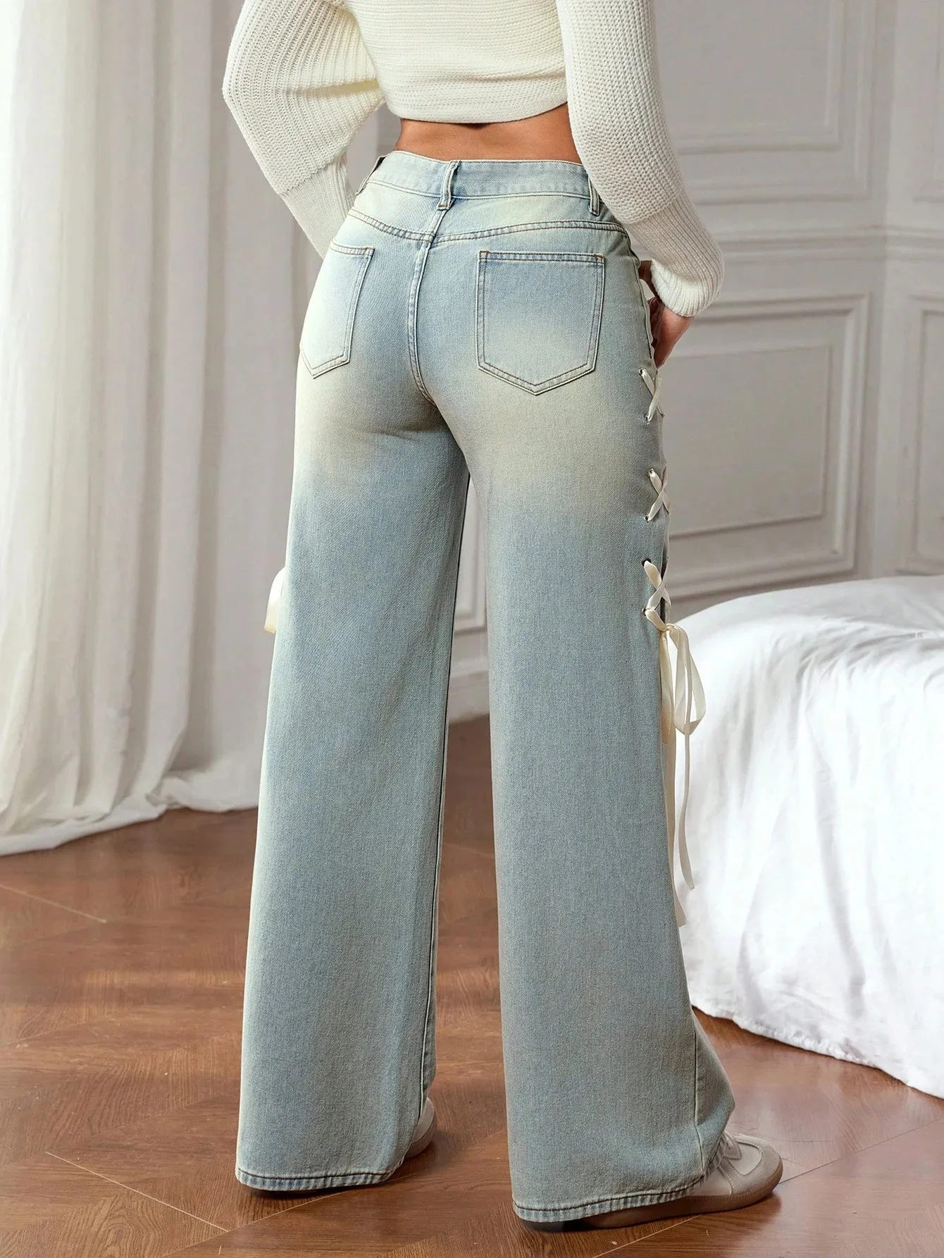 Legal menina doce fita arco jeans 2025 novo casual perna larga solta calças jeans feminino estilo americano calças de rua alta