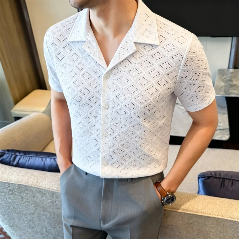 

British Style Men's Short Sleeve Hollow Out Shirt Summer Suit V-Neck Slim Breathable Men Shirts Party Club Sexy Clothes for Man