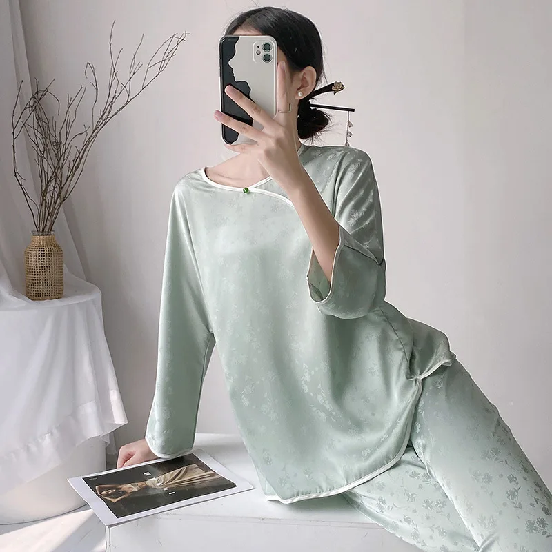 Chinese Style Pajamas Long Sleeve Top&pants Elegant Home Clothes Women Summer Spring Trousers Set Rayon 2Pcs Nightwear Sleepwear