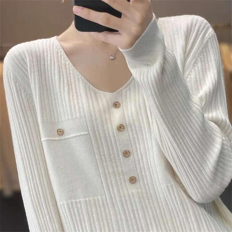 Women Clothing 2023 Korean Style V Neck Long Sleeve Chic Elegant Knitted Sweater Female Casual Solid Loose Pullover Tops Jumpers