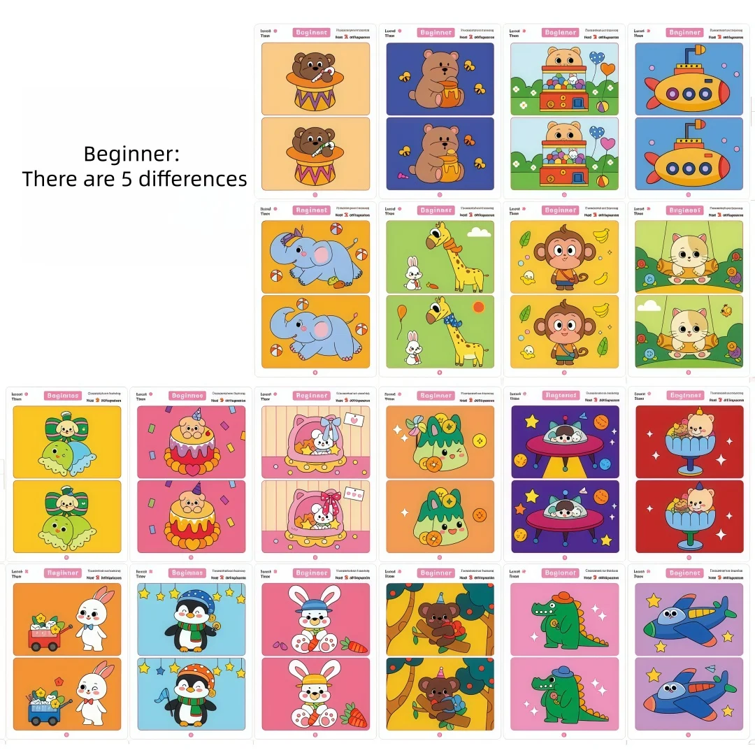 Find Differences Card Game Reusable Cartoon Educational Puzzle for Kids Three Difficulty Levels for Focus and Attention Training