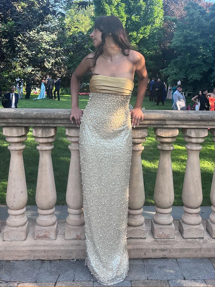 PB Glamorous Gold Strapless เลื่อมลูกปัด Mermaid ชุดยาวเซ็กซี่ Bodycon วันเกิด Party Prom Clubnight ชุด