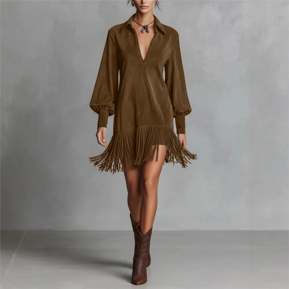 

Western Denim Imitation Suede Fringed Dress Spring Summer Women's Slim Fashionable Long-sleeved V-neck Short Dress Ropa Mujer