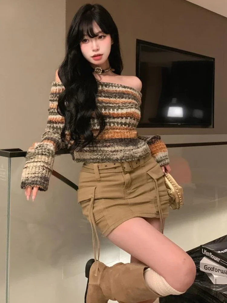 Deeptown Y2K Vintage Striped Cropped Sweater Women Harajuku Hip Hop Slim Knitted Jumper Sweet Off Shoulder Pullover Korean Tops