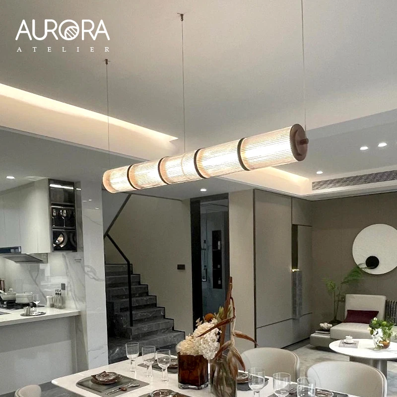 Restaurant Long Stripe Pendant Light Black/Gold Glass Lampshade Nordic Led Hanging Light Living Dining Room Decor Pendant Lamp