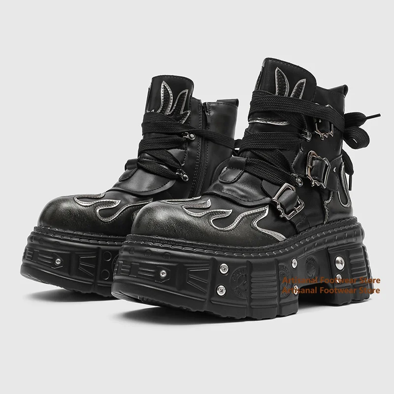 Flame Shape Men's Boots Thick Soled Side Zipper Booties Men's Boots Trendy British Style High Top Lace Up Designer Men's Shoes
