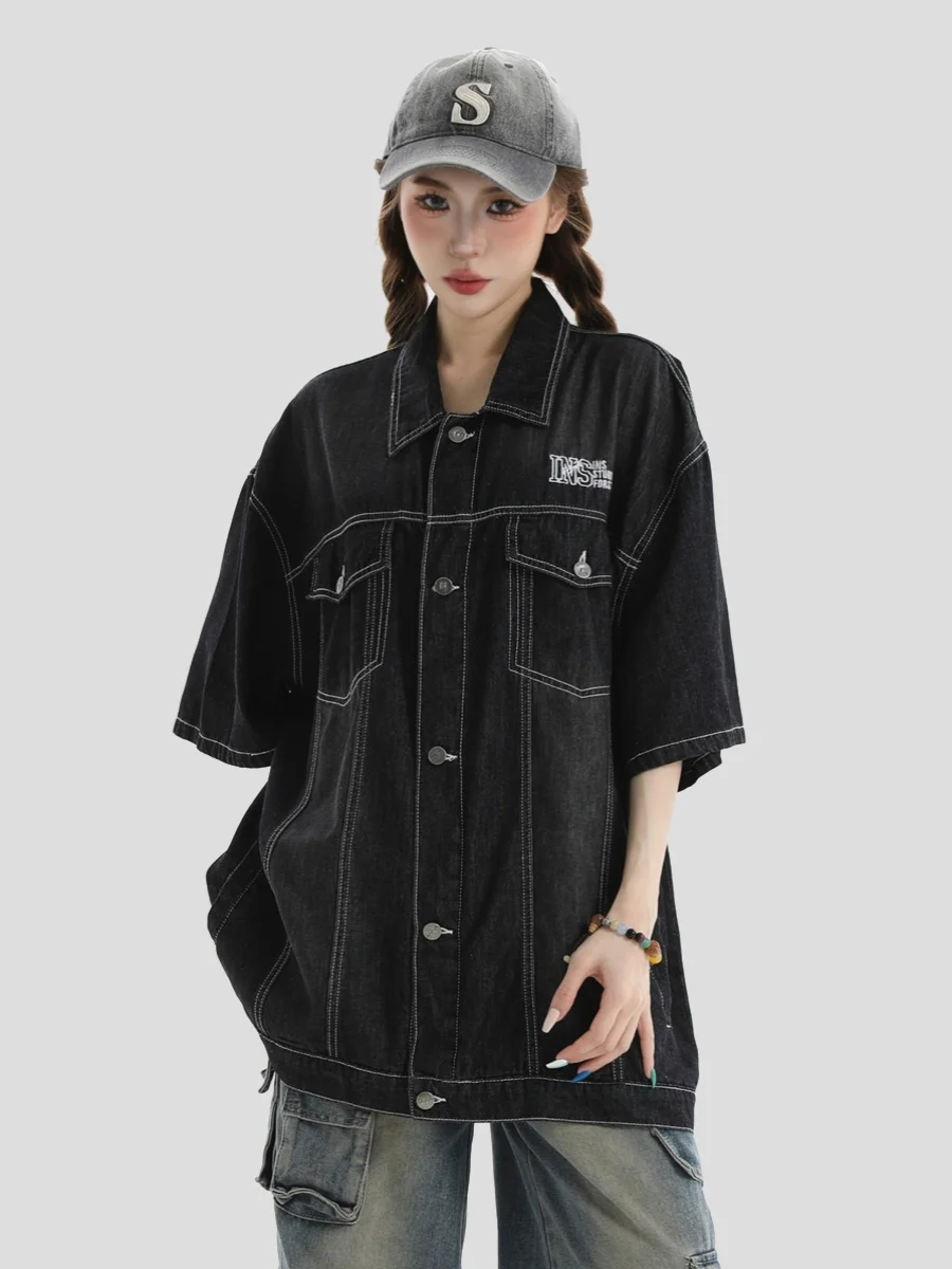 

INSstudios American Style Gradual Washed Denim Shirt Short Sleeve Multi Pocket Couple's Fashion Summer Cotton Polyester Blend