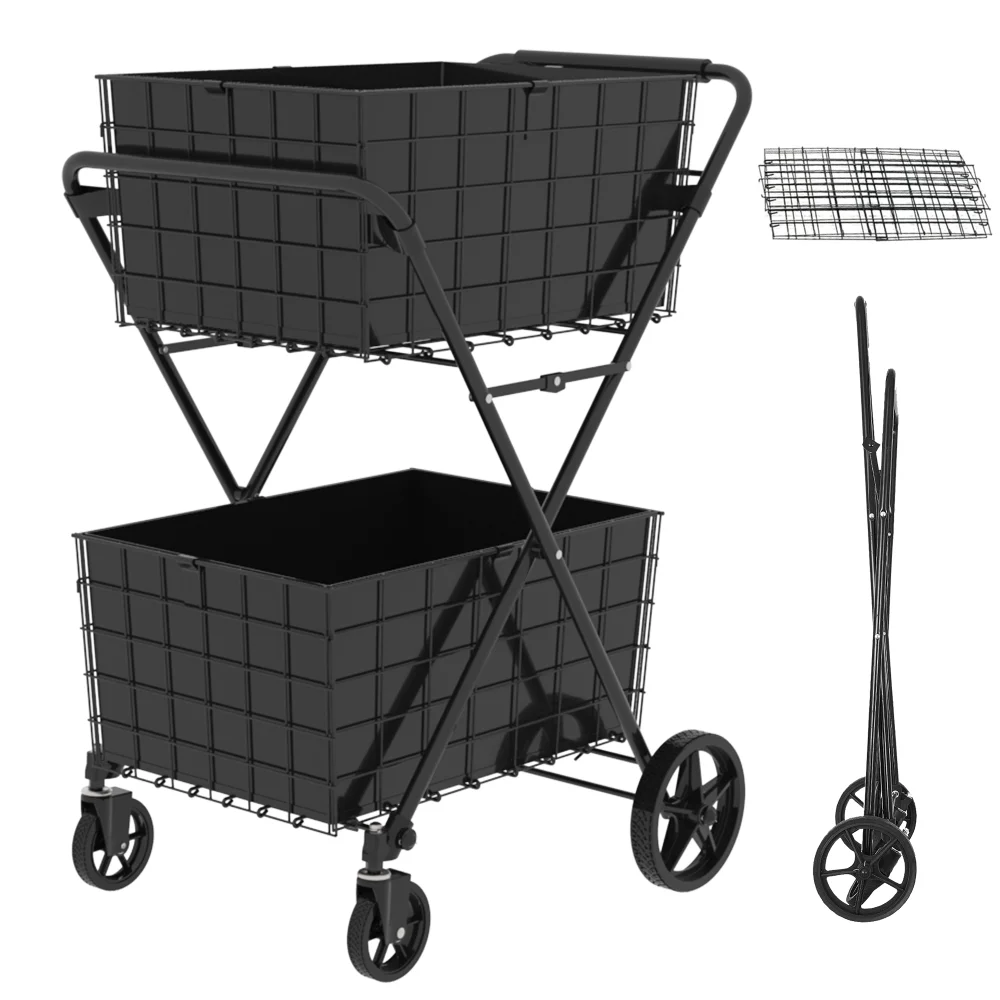 

2 Layers Grocery Cart on Wheels Foldable Utility Shopping Carts with and 360° Rolling Swivel Wheels for Groceries Laundry
