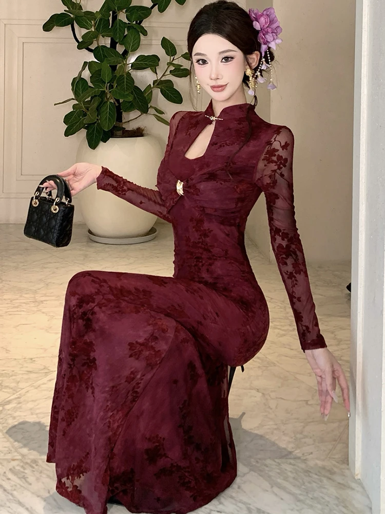 2025 purpld floral manga longa gola vestido longo feminino elegante chique arco fenda vestido outono inverno coreano bodycon vestido de baile