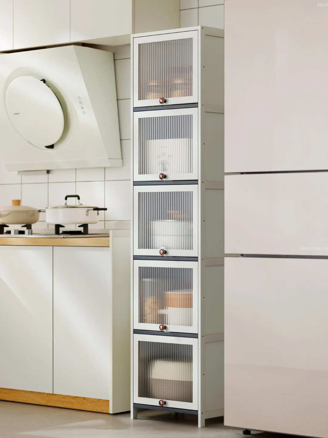 

Kitchen crevice shelf storage, multi-layer floor to ceiling cookware, bowls, and miscellaneous cabinets