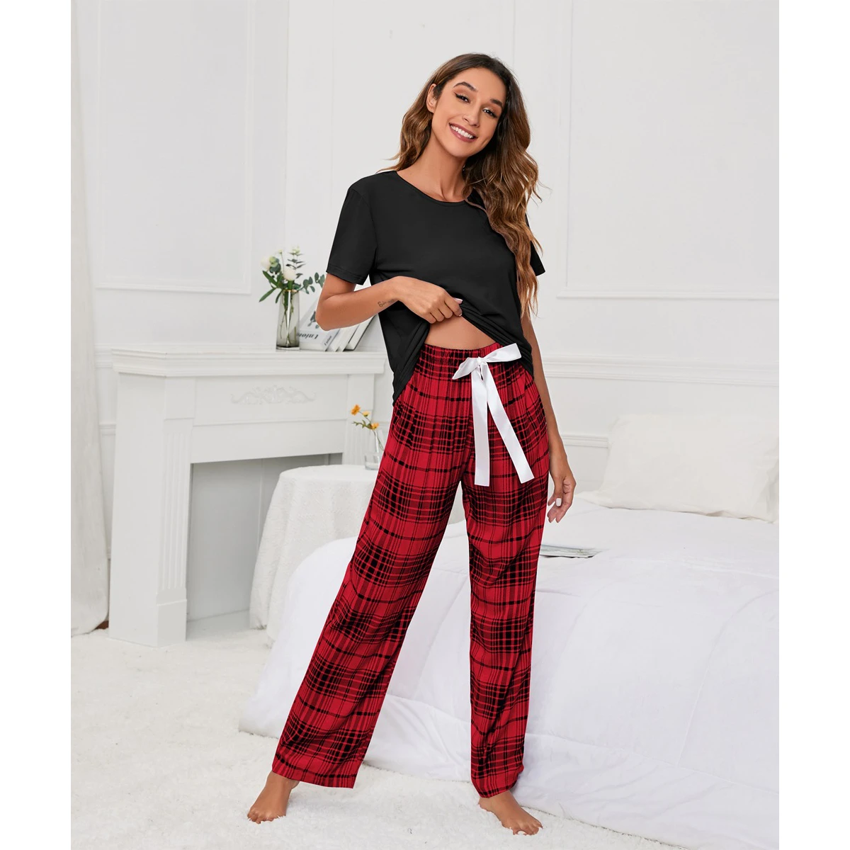 

Новая женская цветная круглая футболка Ne в клетку с принтом, повседневная домашняя одежда ort Sve, длинные брюки, Spwear