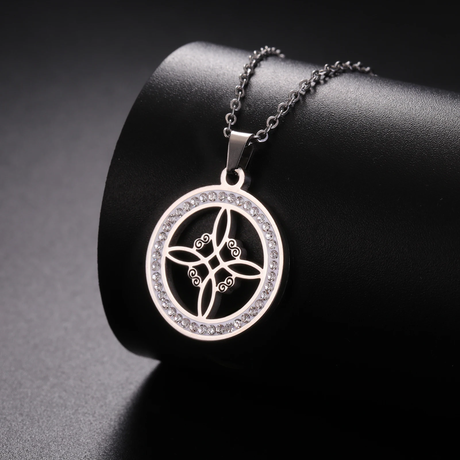 Amaxer Stainless Steel Shiny Zircon Surround Witch Knot Coin Pendant Necklace for Men and Women Amulet Wicca Memorial Jewelry