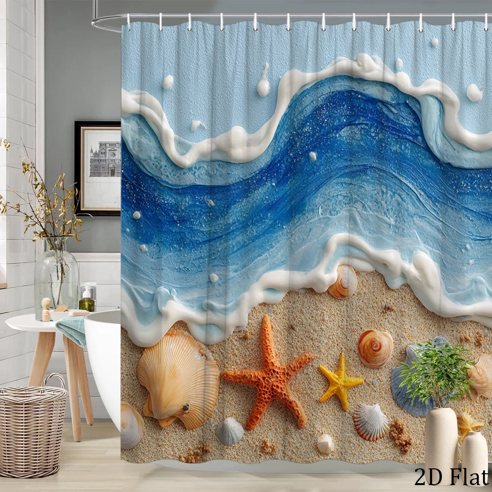 

Tropical Beach Ocean Waves Shower Curtain Waterproof Bathroom Coastal Nautical Home Decor Sea Life Shower Curtain 180x200cm