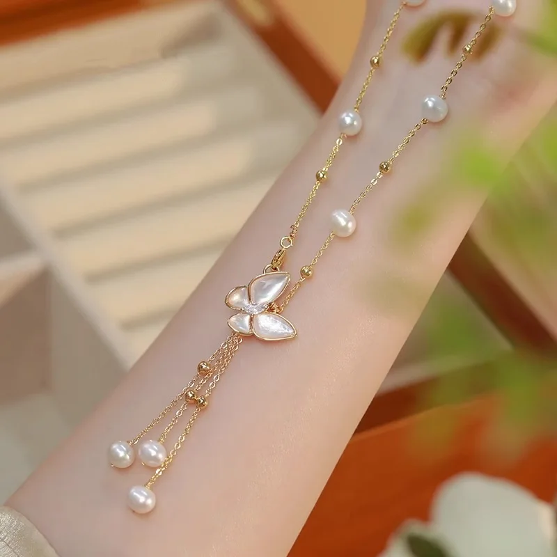Süßer Schmetterling Design natürliche Süßwasser perle 14 Karat Gold gefüllt weibliche Halskette Schmuck für Frauen kurze Ketten nicht verblassen billig – Detail 3