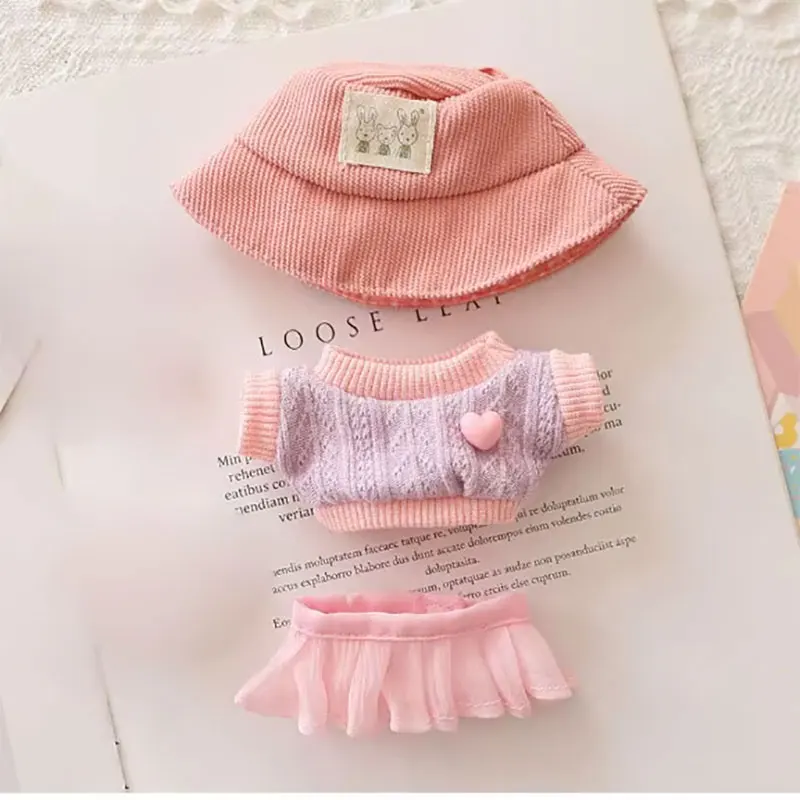 Vêtements de poupée en peluche faits à la main, couleur unie, chapeau décontracté, pull en tricot, jupe en fil, ensemble doux pour accessoires de vêtements Labubu de 17cm