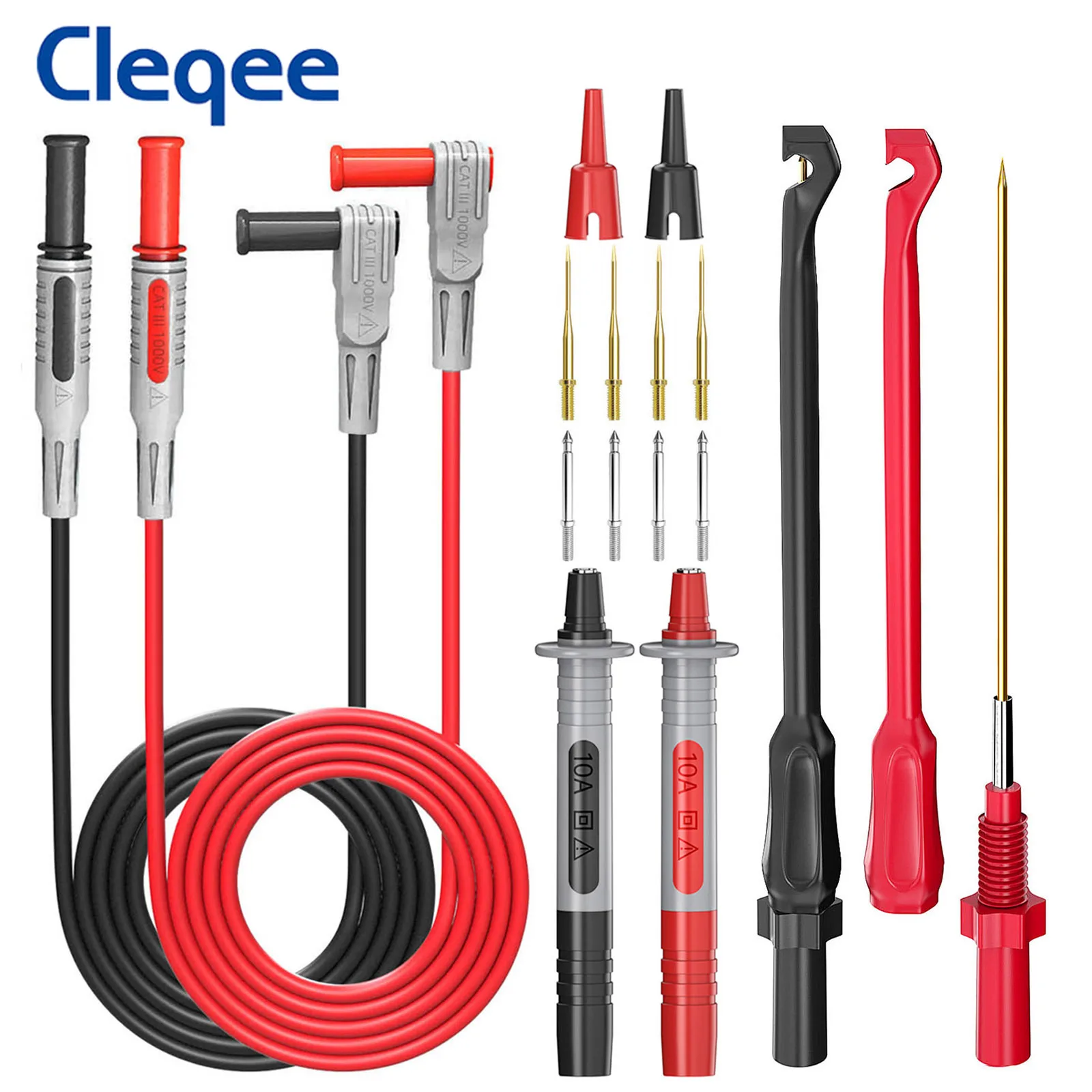 Cleqee P1033B Auto Test Probes Leads Kit with Wire Piercing Test Hook Clip 4mm Banana Plug Multimeter Test Leads Puncture Probes